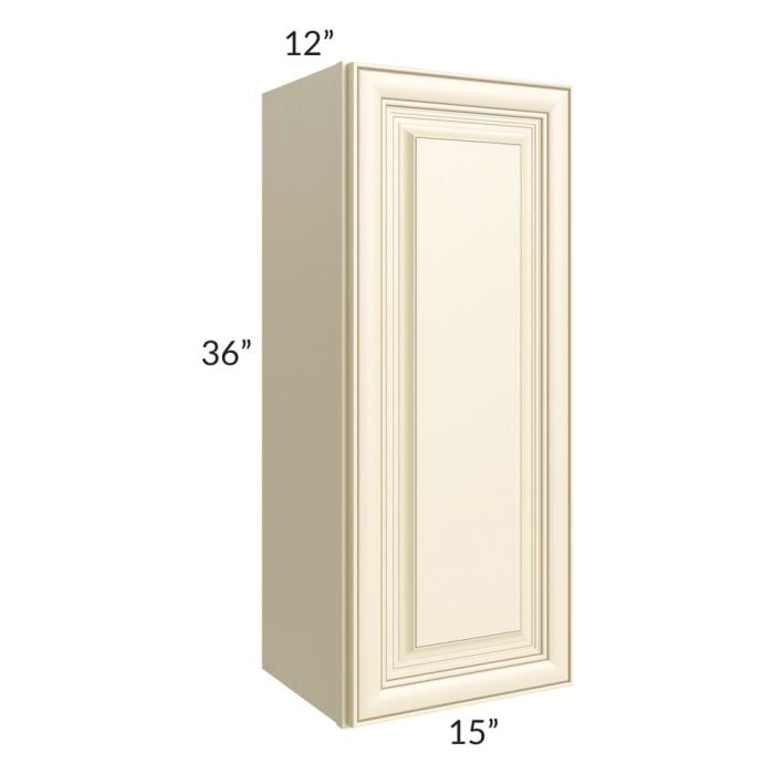RTA Phoenix Cream Glaze 15" x 36" Wall Cabinet with 1 Decorative End Panel and Mullion Glass Door