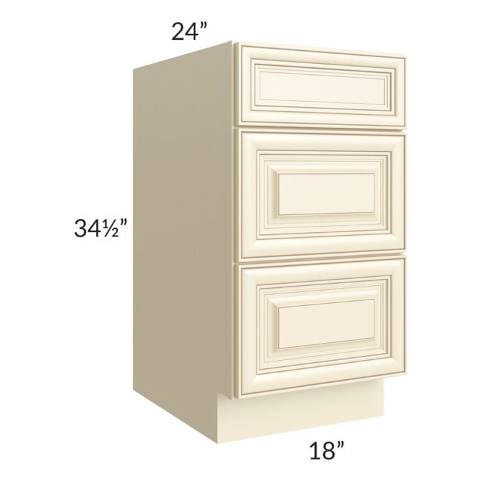 RTA Phoenix Cream Glaze 18" 3-Drawer Base Cabinet with 1 Decorative End Panel