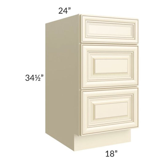 RTA Phoenix Cream Glaze 18" 3-Drawer Base Cabinet with 1 Decorative End Panel