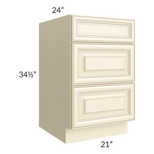 RTA Phoenix Cream Glaze 21" 3-Drawer Base Cabinet with 1 Decorative End Panel