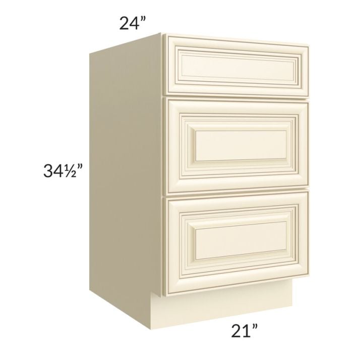 RTA Phoenix Cream Glaze 21" 3-Drawer Base Cabinet with 2 Decorative End Panels