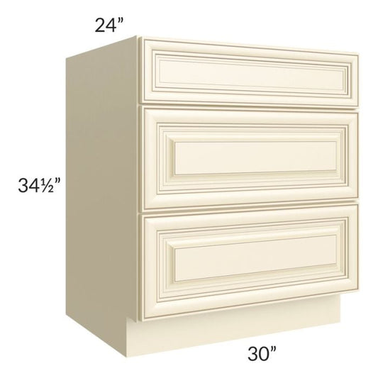 RTA Phoenix Cream Glaze 30" 3-Drawer Base Cabinet with 1 Decorative End Panel