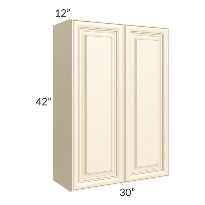 RTA Phoenix Cream Glaze 30" x 42" Wall Cabinet with 1 Decorative End Panel and Mullion Glass Door