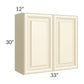 RTA Phoenix Cream Glaze 33" x 30" Wall Cabinet with 2 Decorative End Panels and Mullion Glass Door