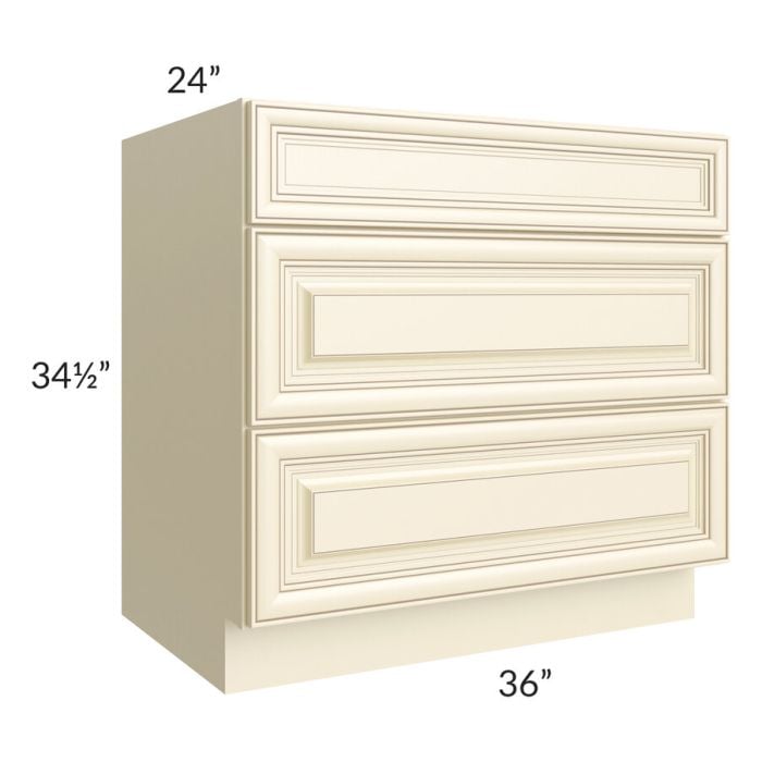 RTA Phoenix Cream Glaze 36" 3-Drawer Base Cabinet with 1 Decorative End Panel