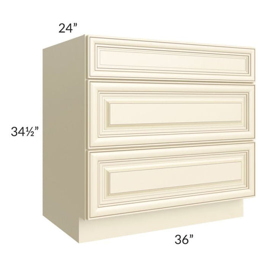 RTA Phoenix Cream Glaze 36" 3-Drawer Base Cabinet with 2 Decorative End Panels