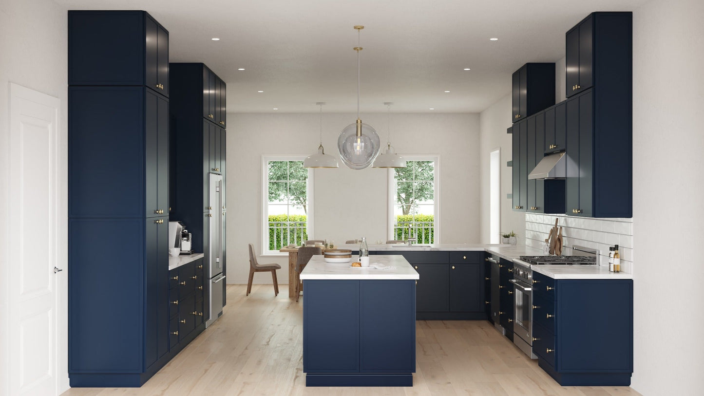 RTA Portland Navy Blue 15" x 84" Wall Pantry Cabinet with 2 Roll Out Trays and 1 Decorative End Panel