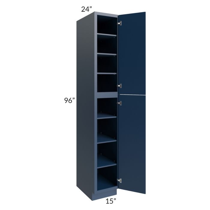 RTA Portland Navy Blue 15" x 96" Wall Pantry Cabinet with 3 Roll Out Tray and 2 Decorative End Panels