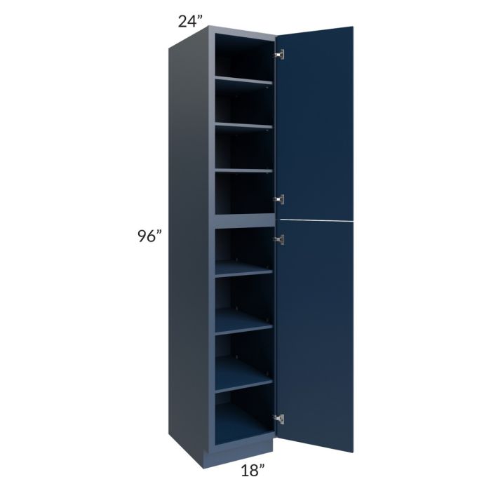 RTA Portland Navy Blue 18" x 96" Wall Pantry Cabinet with 4 Roll Out Trays and with 2 Decorative End Panels