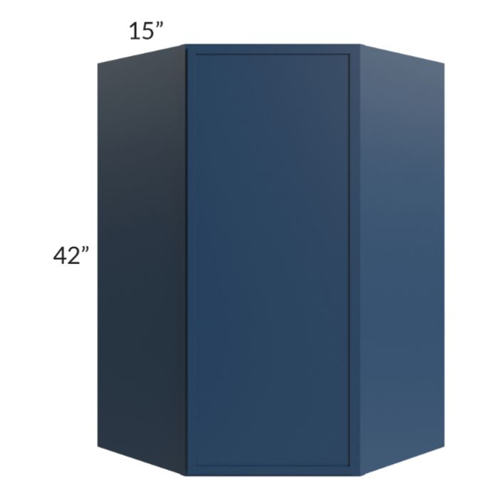RTA Portland Navy Blue 27" x 42" x 15" Wall Diagonal Corner Cabinet with Glass Door