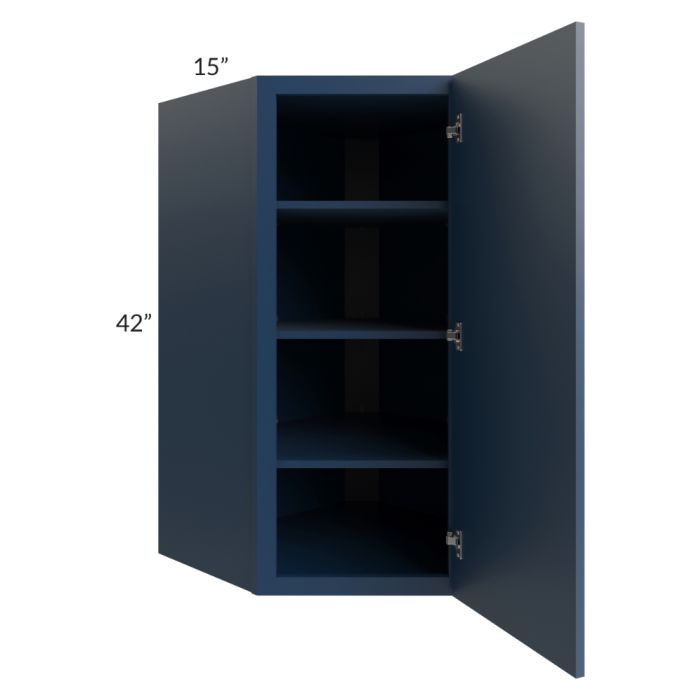 RTA Portland Navy Blue 27" x 42" x 15" Wall Diagonal Corner Cabinet with Glass Door