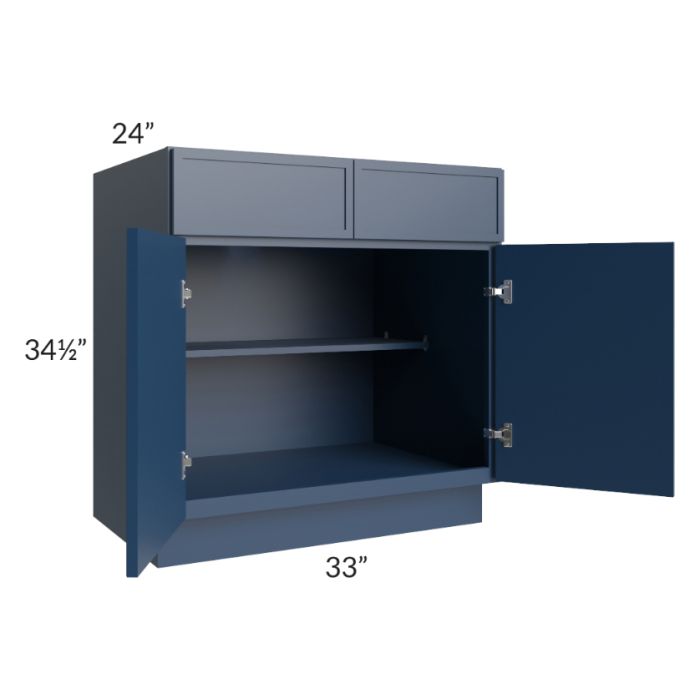 RTA Portland Navy Blue 33" Base Cabinet with 2 Decorative End Panels and 2 Roll Out Trays