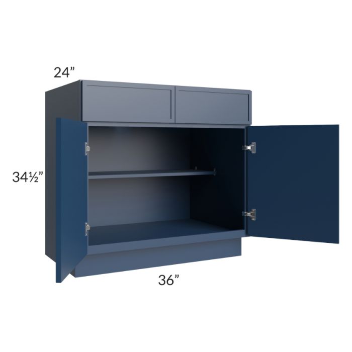 RTA Portland Navy Blue 36" Base Cabinet with 2 Roll Out Trays and 2 Decorative End Panels