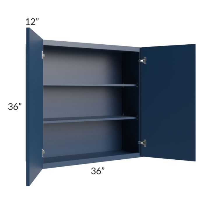 RTA Portland Navy Blue 36" x 36" Wall Cabinet with 2 Decorative End Panels and Glass Door