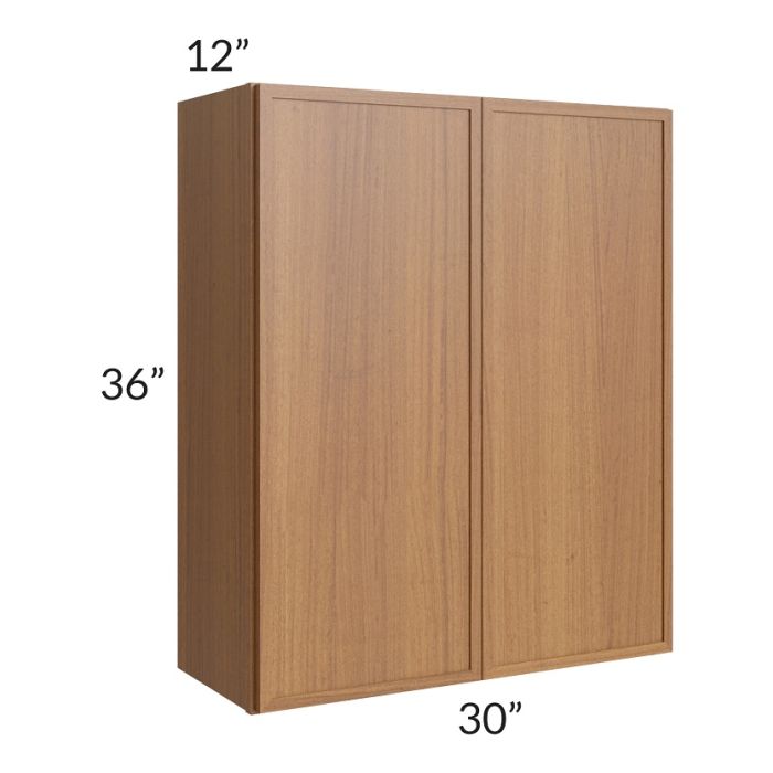 RTA Portland Walnut 30" x 36" Wall Cabinet with 2 Decorative End Panels and Glass Door
