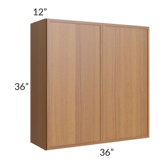 RTA Portland Walnut 36" x 36" Wall Cabinet with 2 Decorative End Panels and Glass Door