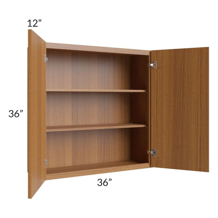 RTA Portland Walnut 36" x 36" Wall Cabinet with 2 Decorative End Panels and Glass Door