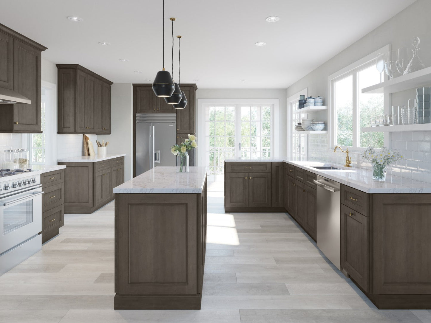 RTA Providence Natural Grey 30" x 36" Wall Cabinet with 2 Decorative End Panels, Glass Door, and Mullion Glass Door