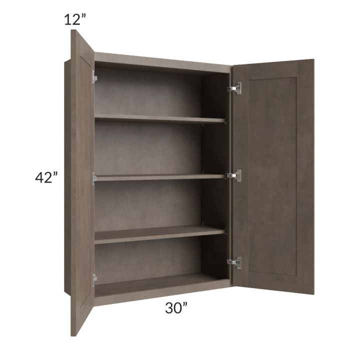 RTA Providence Natural Grey 30" x 42" Wall Cabinet with 1 Decorative End Panel, Glass Door, and Mullion Glass Door