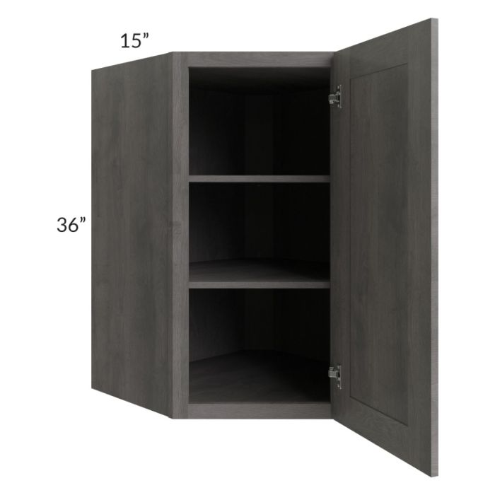 RTA Providence Slate Grey 27" x 36" x 15" Wall Diagonal Corner Cabinet with Glass Door and Mullion Glass Door