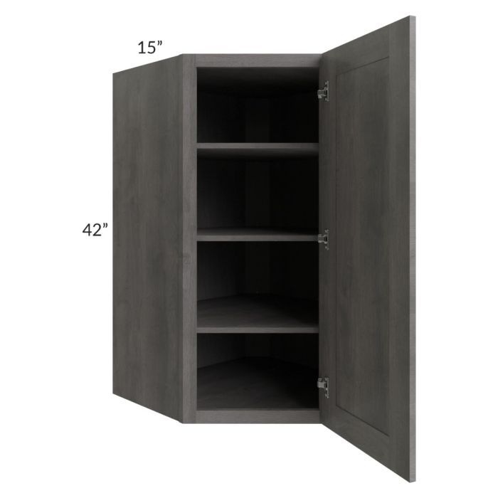 RTA Providence Slate Grey 27" x 42" x 15" Wall Diagonal Corner Cabinet with Glass Door and Mullion Glass Door