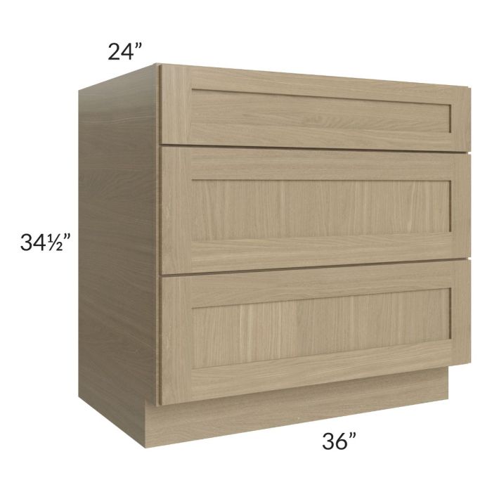 RTA Royal Natural Shaker 36" 3-Drawer Base Cabinet with 2 Finished Sides