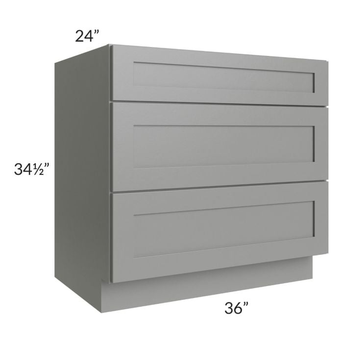 RTA Shale Grey Shaker 36" 3-Drawer Base Cabinet with 1 Decorative End Panel