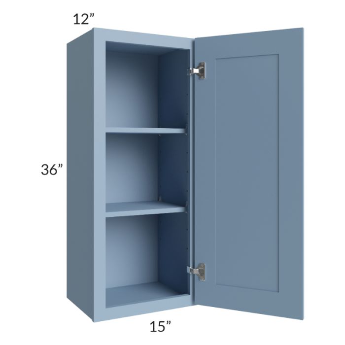 RTA Sky Blue Shaker 15" x 36" Wall Cabinet with 1 Decorative End Panel and Glass Door
