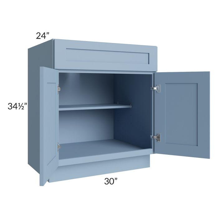 RTA Sky Blue Shaker 30" Base Cabinet with 2 Roll Out Trays and 1 Decorative End Panel