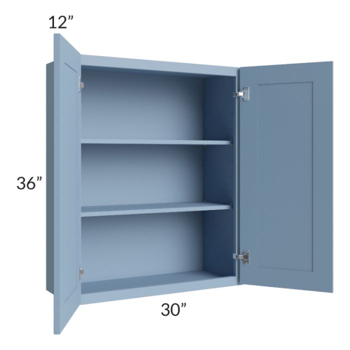 RTA Sky Blue Shaker 30" x 36" Wall Cabinet with 2 Decorative End Panels and Glass Door