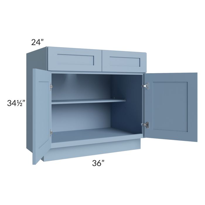 RTA Sky Blue Shaker 36" Base Cabinet with 2 Roll Out Trays and 1 Decorative End Panel