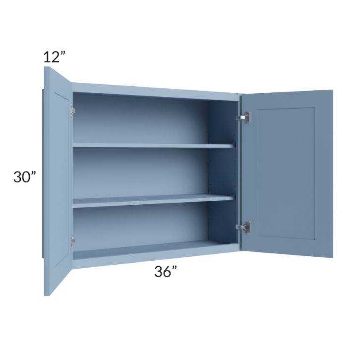 RTA Sky Blue Shaker 36" x 30" Wall Cabinet with 2 Decorative End Panels and Glass Door