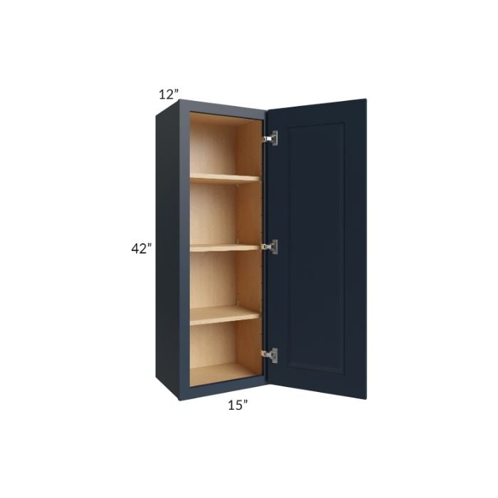 RTA Southport Blue Shaker 15" x 42" Wall Cabinet with 2 Decorative End Panels and Glass Door