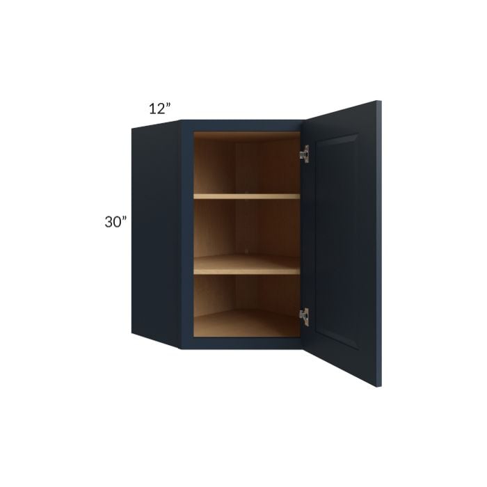 RTA Southport Blue Shaker 24" x 30" Wall Diagonal Corner Cabinet with 2 Decorative End Panels and Glass Door