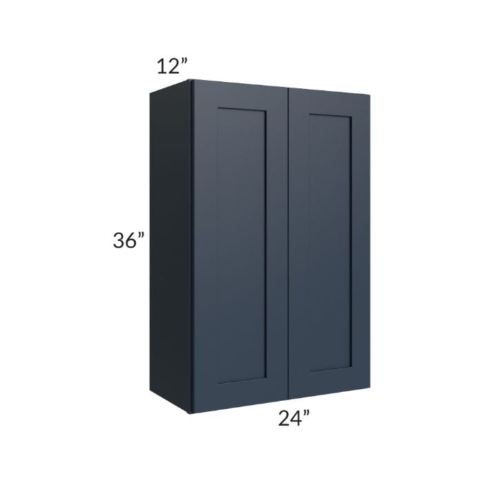 RTA Southport Blue Shaker 24" x 36" Wall Cabinet with 2 Decorative End Panels and Glass Door