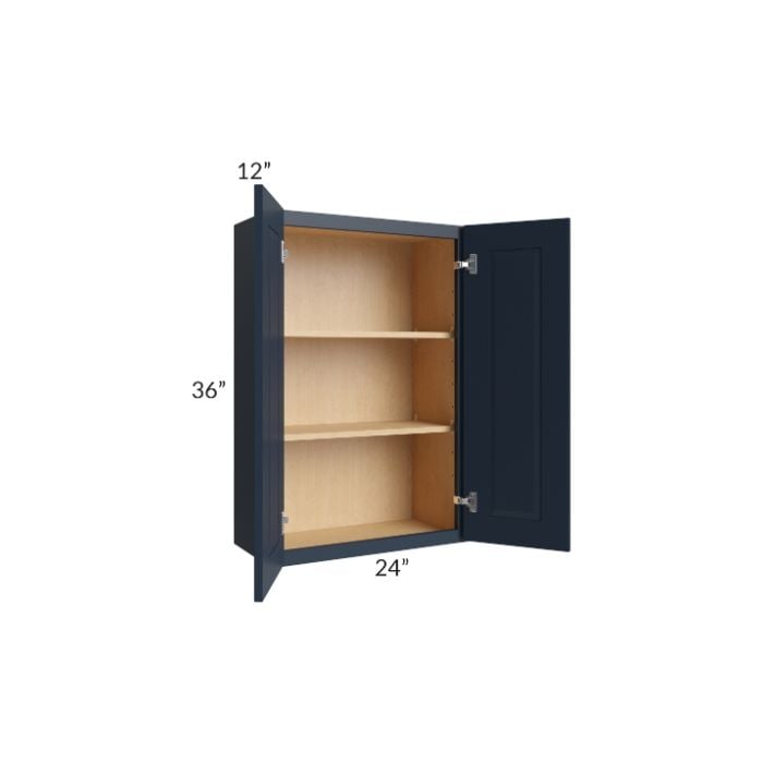 RTA Southport Blue Shaker 24" x 36" Wall Cabinet with 2 Decorative End Panels and Glass Door