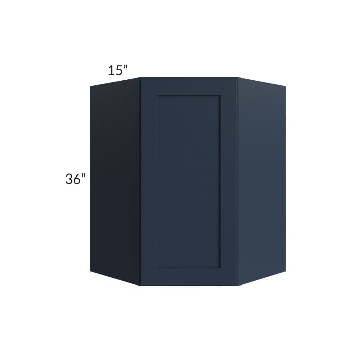 RTA Southport Blue Shaker 27" x 36" Wall Diagonal Corner Cabinet with Glass Door