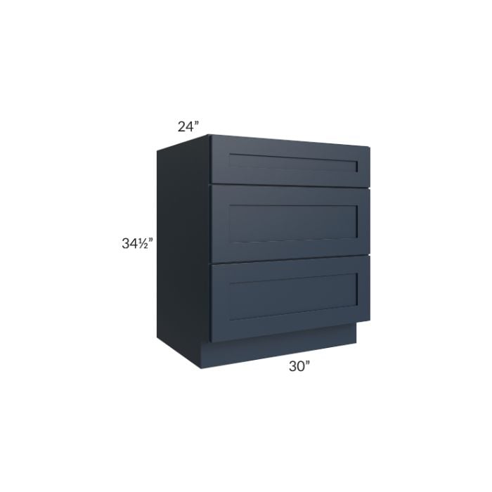RTA Southport Blue Shaker 30" 3-Drawer Base Cabinet with 1 Decorative End Panel