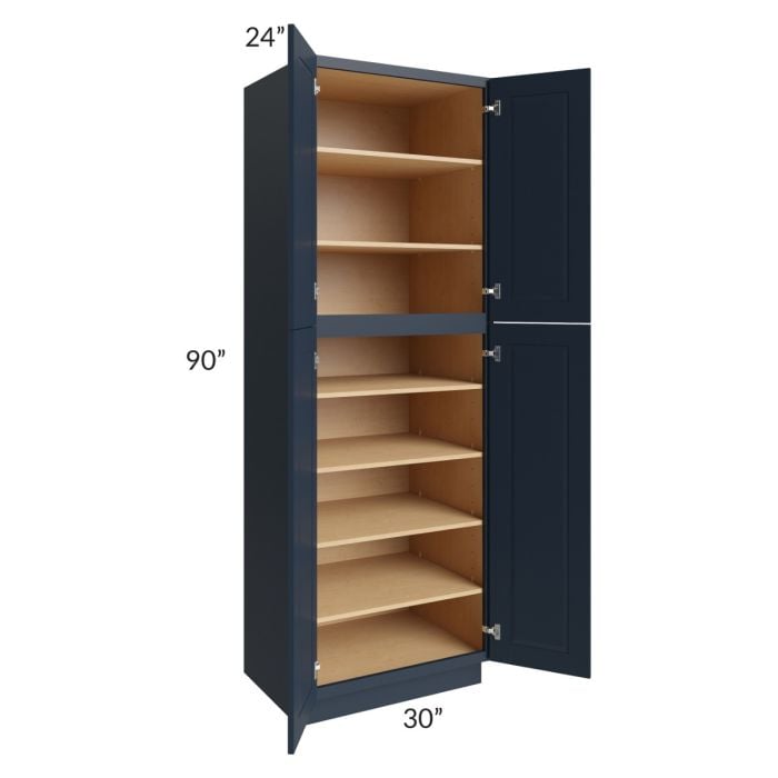 RTA Southport Blue Shaker 30" x 90" Wall Pantry with 2 Sides Decorative End Panels and 3 Roll Out Trays