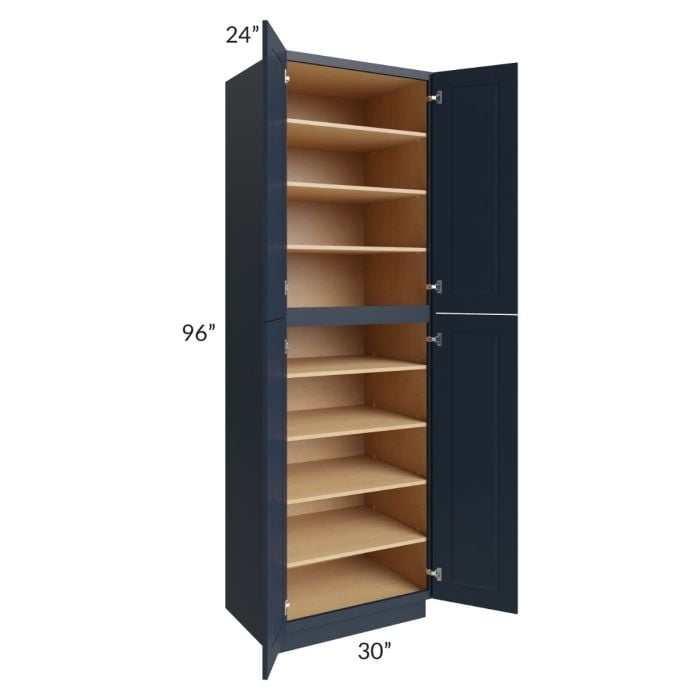 RTA Southport Blue Shaker 30" x 96" Wall Pantry with 1 Side Decorative End Panel and 4 Roll Out Trays