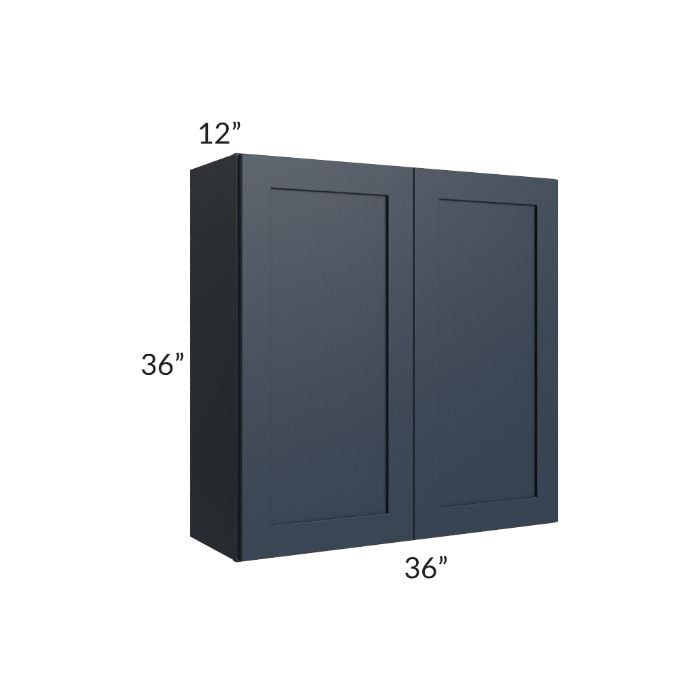 RTA Southport Blue Shaker 36" x 36" Wall Cabinet with 2 Decorative End Panels and Glass Door
