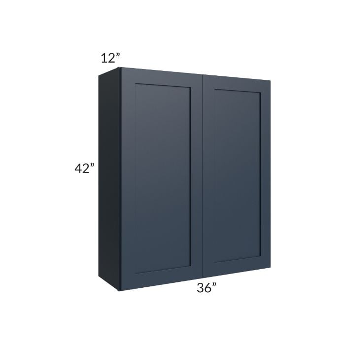 RTA Southport Blue Shaker 36" x 42" Wall Cabinet with 2 Decorative End Panels and Glass Door