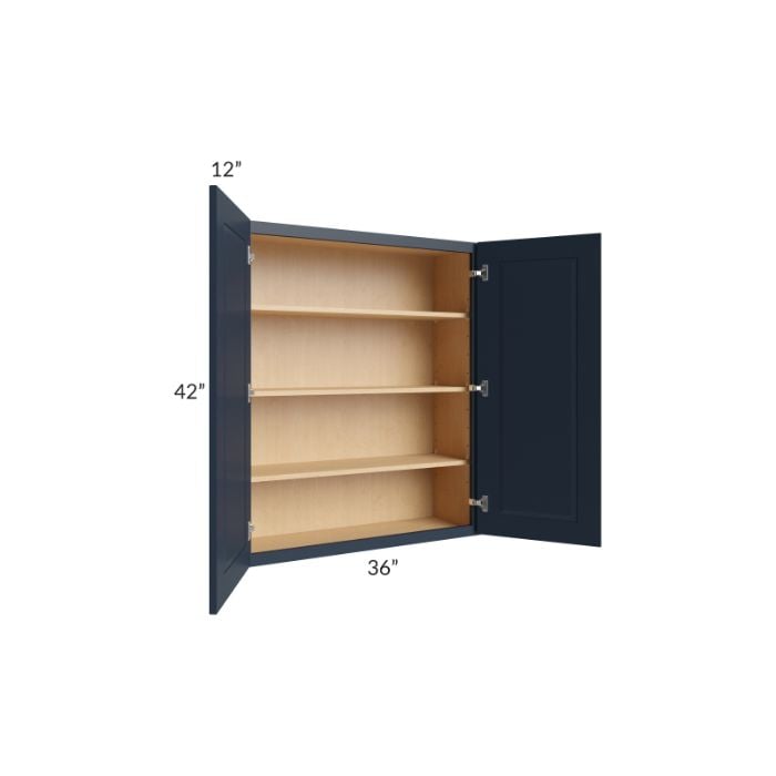 RTA Southport Blue Shaker 36" x 42" Wall Cabinet with 2 Decorative End Panels and Glass Door