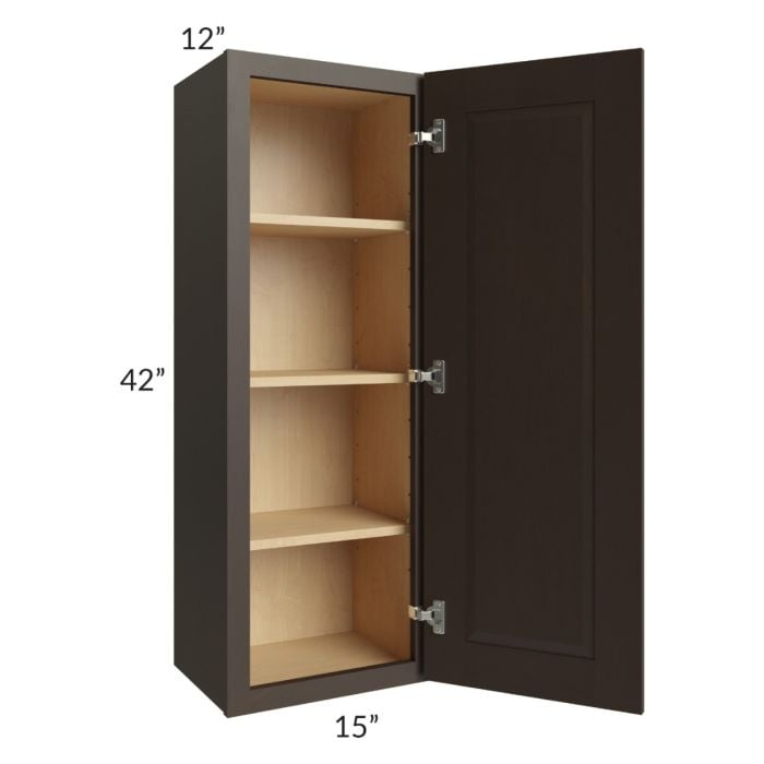 RTA Southport Espresso Shaker 15" x 42" Wall Cabinet with 2 Decorative End Panels and Glass Door