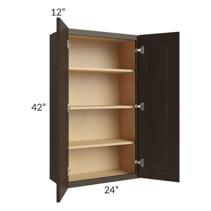 RTA Southport Espresso Shaker 24" x 42" Wall Cabinet with 2 Decorative End Panels and Glass Door