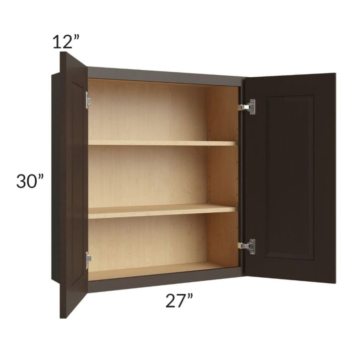 RTA Southport Espresso Shaker 27" x 30" Wall Cabinet with 2 Decorative End Panels and Glass Door