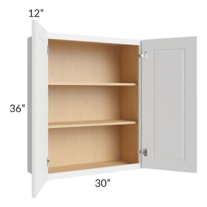 RTA Southport White Shaker 30" x 36" Wall Cabinet with 2 Decorative End Panels and Glass Door