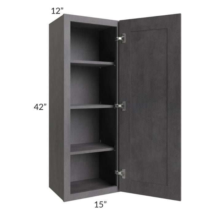 RTA Stone Grey 15" x 42" Wall Cabinet with 2 Decorative End Panels and Glass Door