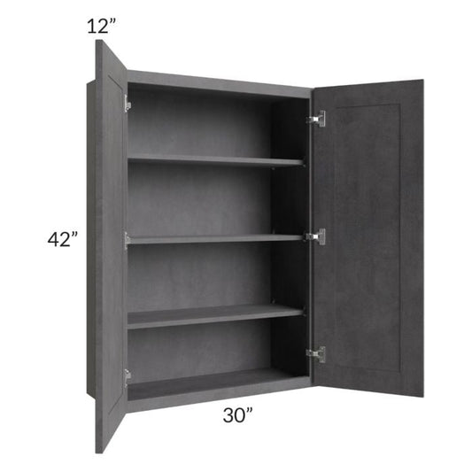 RTA Stone Grey 30" x 42" Wall Cabinet with 1 Decorative End Panel and Glass Door