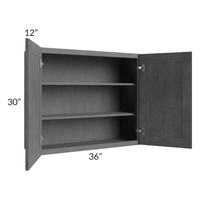 RTA Stone Grey 36" x 30" Wall Cabinet with 2 Decorative End Panels and Glass Door